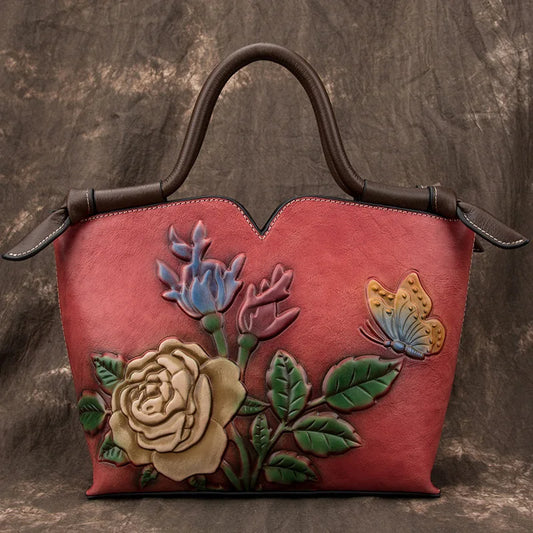 Vintage Floral Handmade Leather Handbag